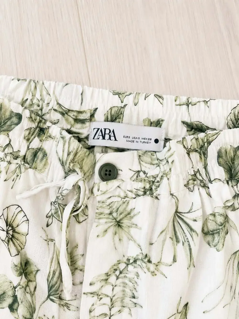ZARA Floral Print High Waist Drawstring Wide Leg Pants Ecru Green